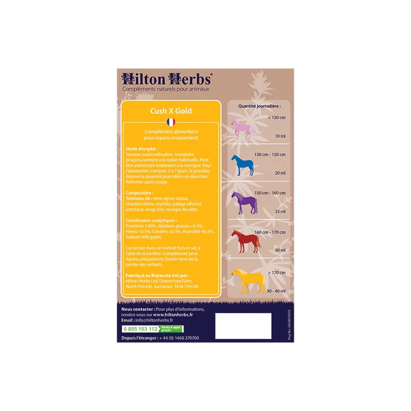 Complément alimentaire liquide naturel - Cush X Gold - Chevaux - Hilton Herbs - Ingrédients et dosage