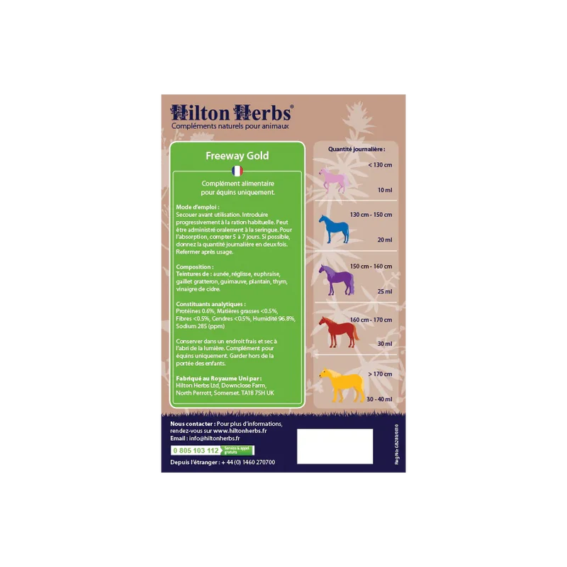 Complément alimentaire naturel liquide pour chevaux Freeway Gold - Système respiratoire - Hilton Herbs - Ingrédients et dosage