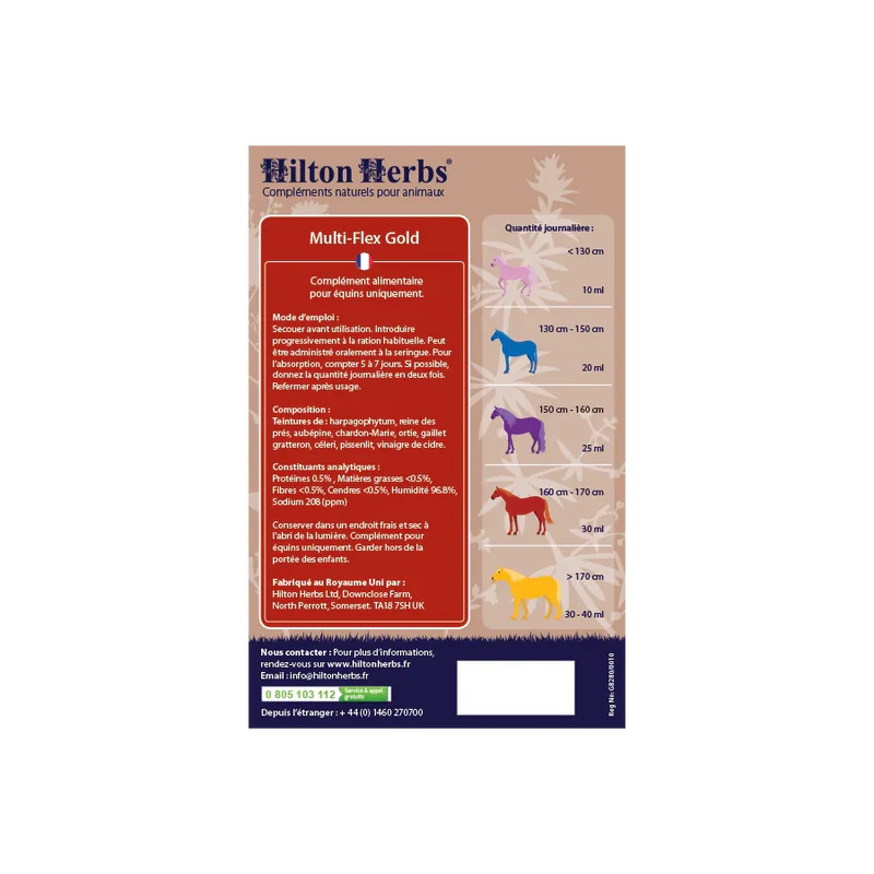 Complément alimentaire naturel liquide pour chevaux - Soutien de l'appareil locomoteur - Hilton Herbs - Ingrédients et dosage