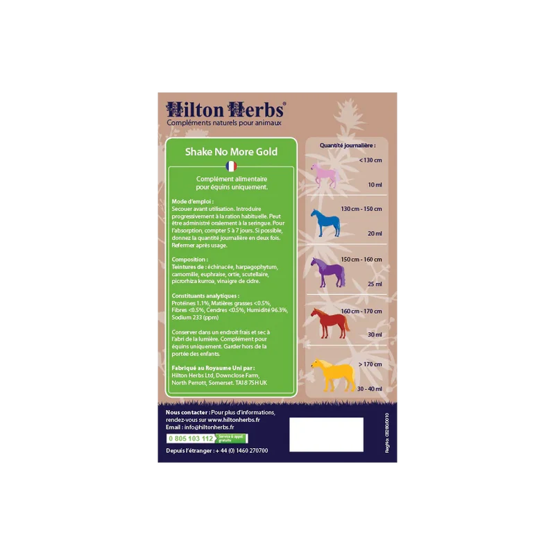 Complément alimentaire liquide pour chevaux - Allergies et soleil - Hilton Herbs - Ingrédients et dosage