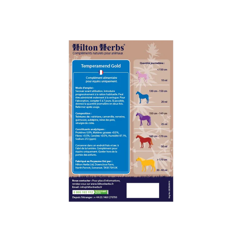 Complément alimentaire naturel liquide pour chevaux - Antistress - Hilton Herbs - Ingrédients et dosage