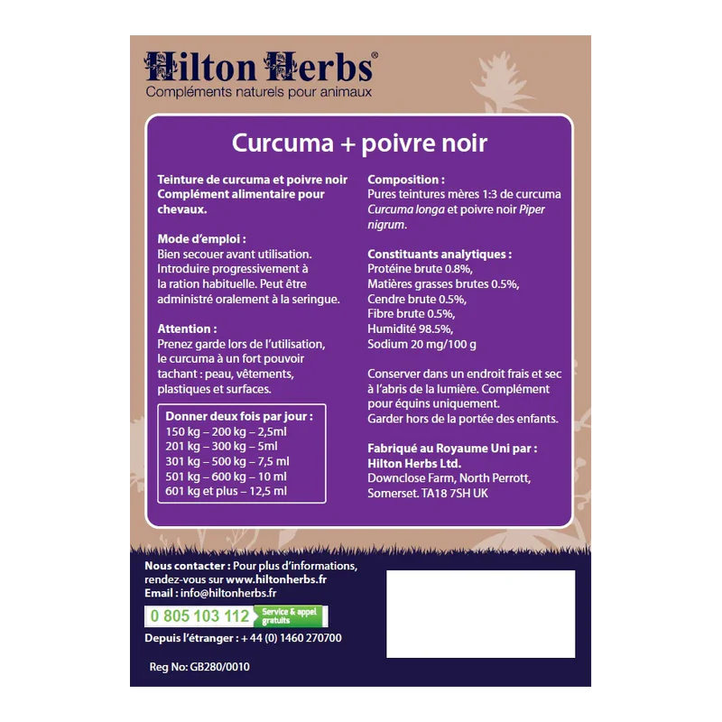 Complément alimentaire liquide Curcuma et poivre noir - chiens et chevaux - Hilton Herbs - Ingrédients et dosage