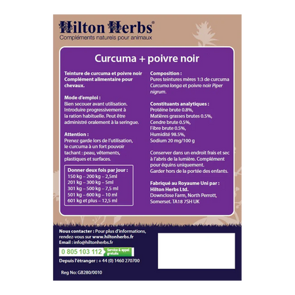 Complément alimentaire liquide Curcuma et poivre noir - chiens et chevaux - Hilton Herbs - Ingrédients et dosage
