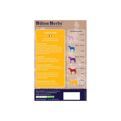 Complément alimentaire liquide naturel - Cush X Gold - Chevaux - Hilton Herbs - Ingrédients et dosage