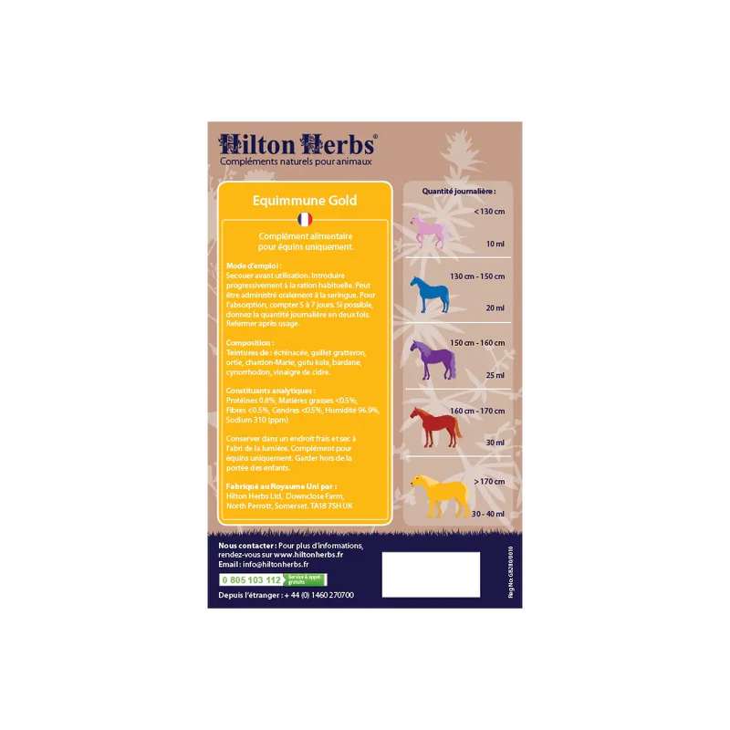 Complément alimentaire naturel liquide pour chevaux - Immunité renforcée - Hilton Herbs - Ingrédients et dosage