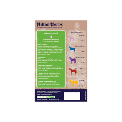 Complément alimentaire naturel liquide pour chevaux  Freeway Gold - Système respiratoire - Hilton Herbs - Ingrédients et dosage