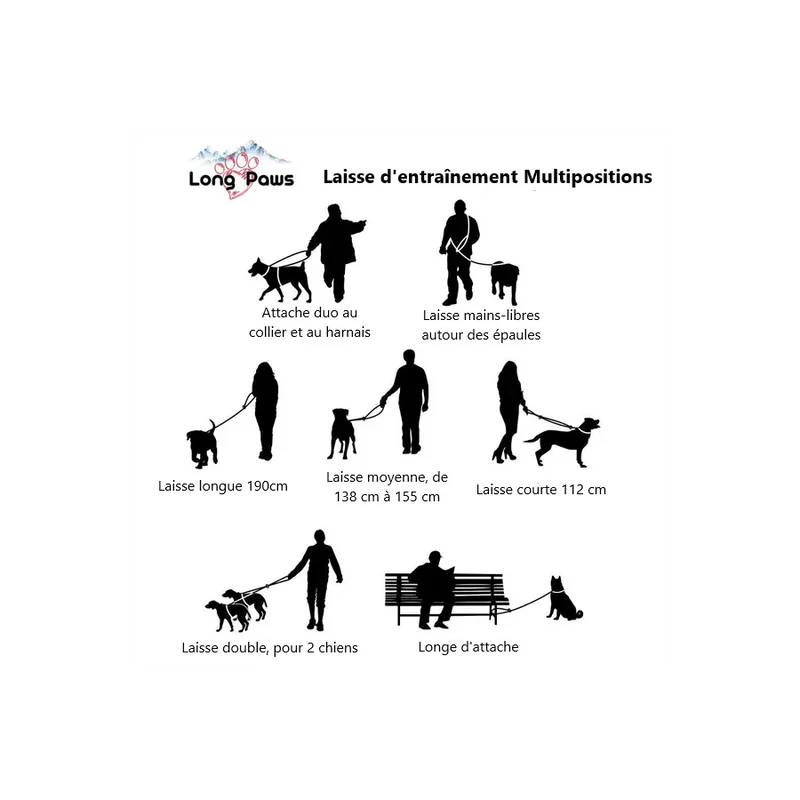 Laisse d'éducation canine et entraînement des chiens - Long Paws - Noir et orange ou rouge et orange - Réglable de 100cm à 200cm - 7 façons de l'utiliser 