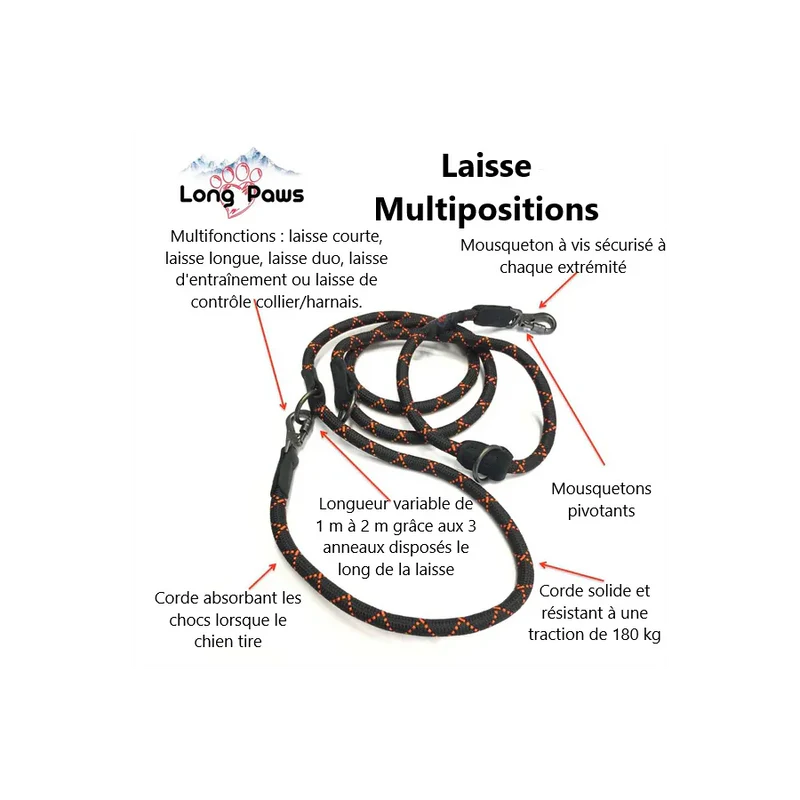 Laisse d'éducation canine et entraînement des chiens - Long Paws - Noir et orange ou rouge et orange - Réglable de 100cm à 200cm - Détails 