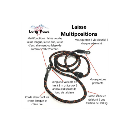 Laisse d'éducation canine et entraînement des chiens - Long Paws - Noir et orange ou rouge et orange - Réglable de 100cm à 200cm - Détails 
