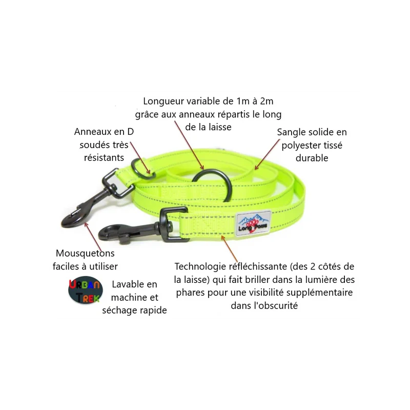 Laisse d'entraînement pour chiens multipoints - Urban Trek - Jaune neon fluo - Long Paws - Détails