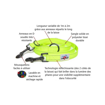 Laisse d'entraînement pour chiens multipoints - Urban Trek - Jaune neon fluo - Long Paws - Détails