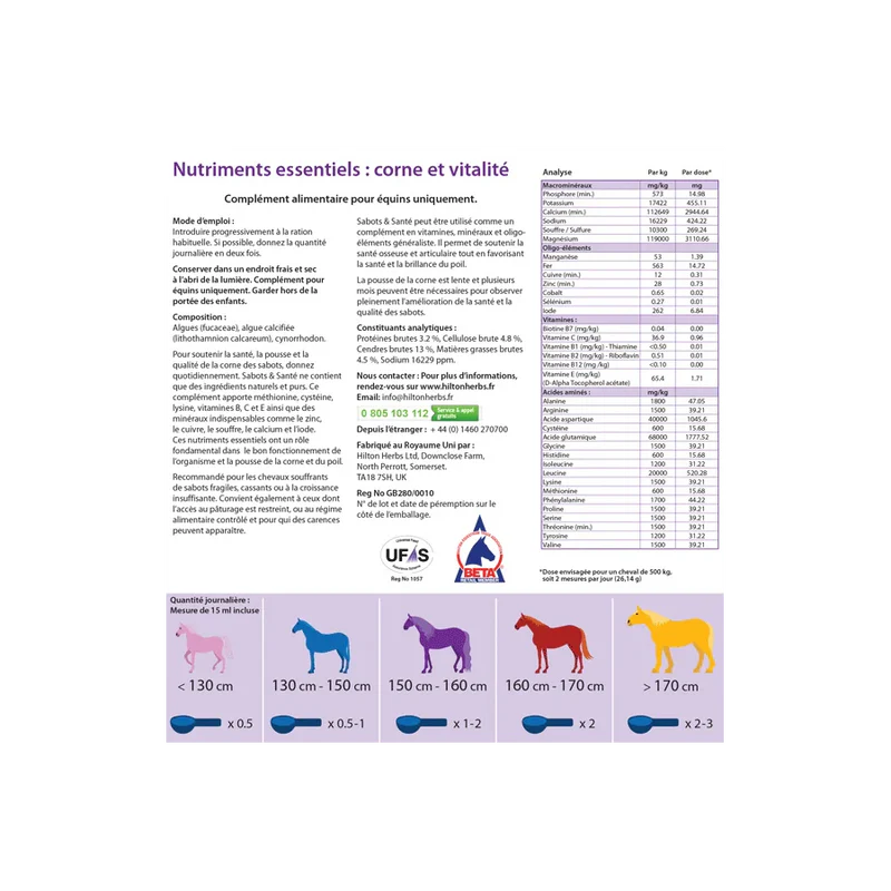 CMV Complément Minéral et Vitaminé pour chevaux - Corne sabots et vitalité - Hilton Herbs - Mode d'emploi dosage