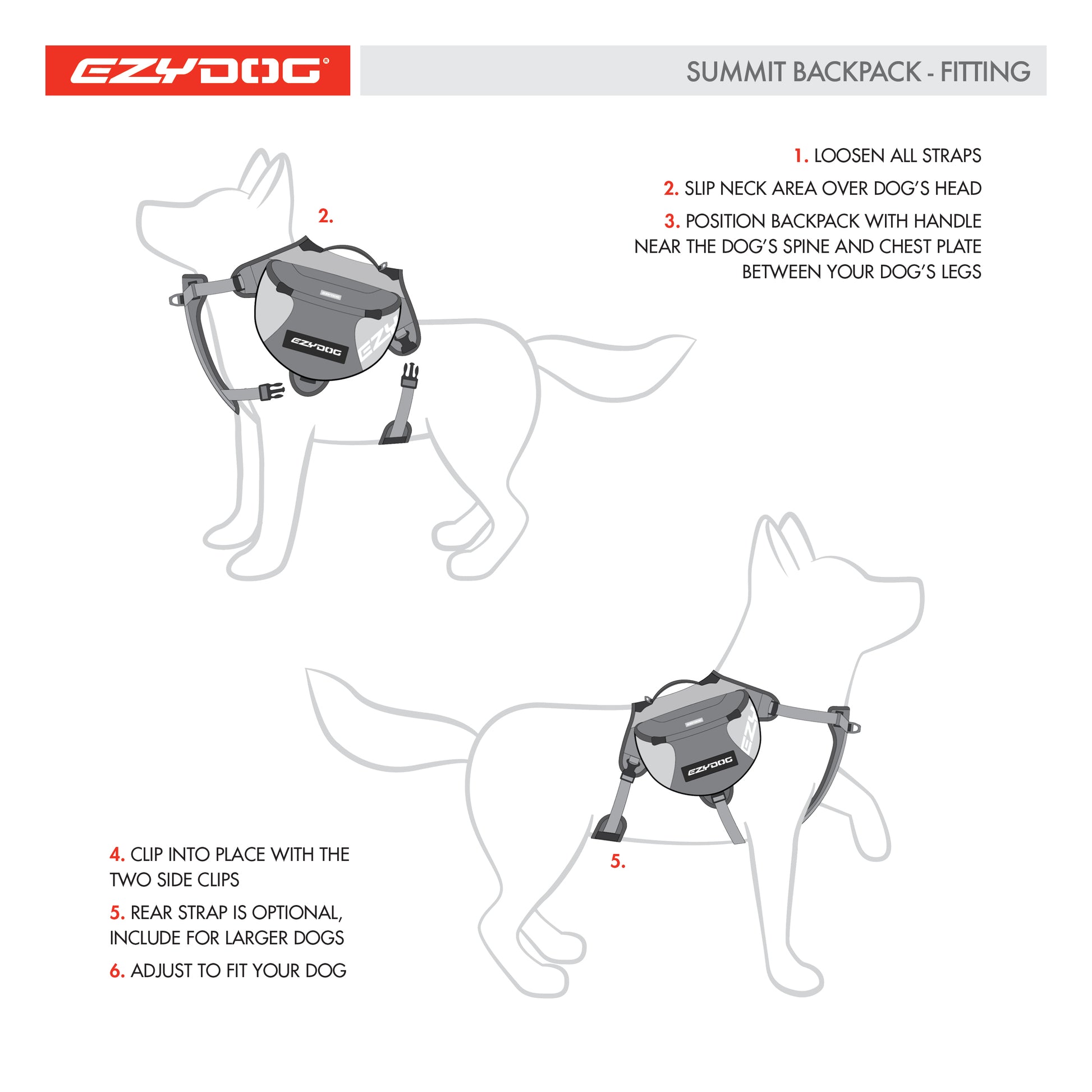 Harnais de randonnée pour chiens - Sac de bât pour chiens - Summit Backpack - Ezydog - 3 tailles - Comment ajuster le harnais 