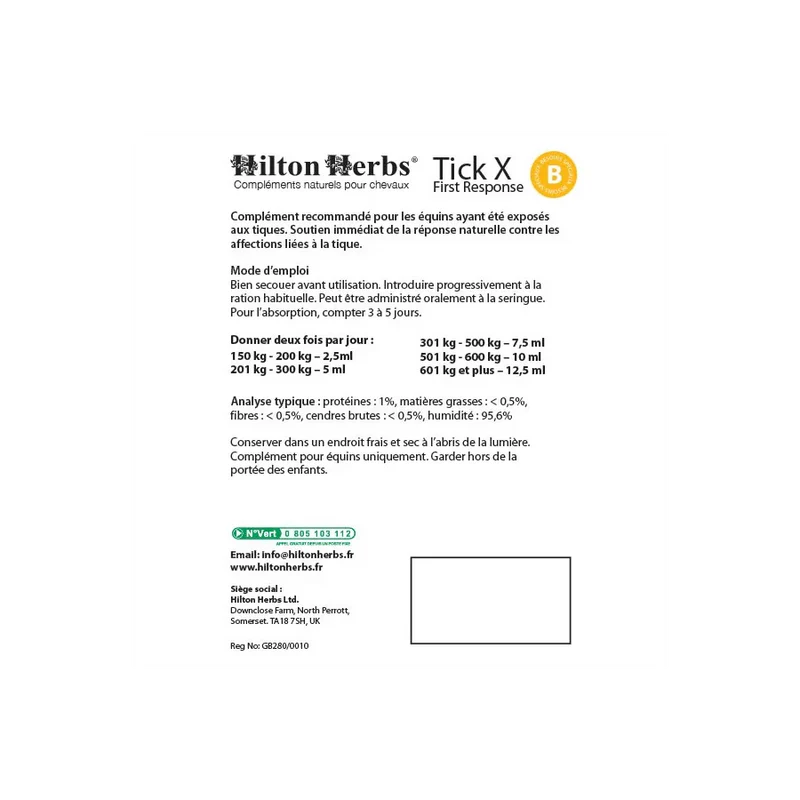 Tick X First Response Hilton Herbs - Complément morsure tique cheval 500ml - posologie
